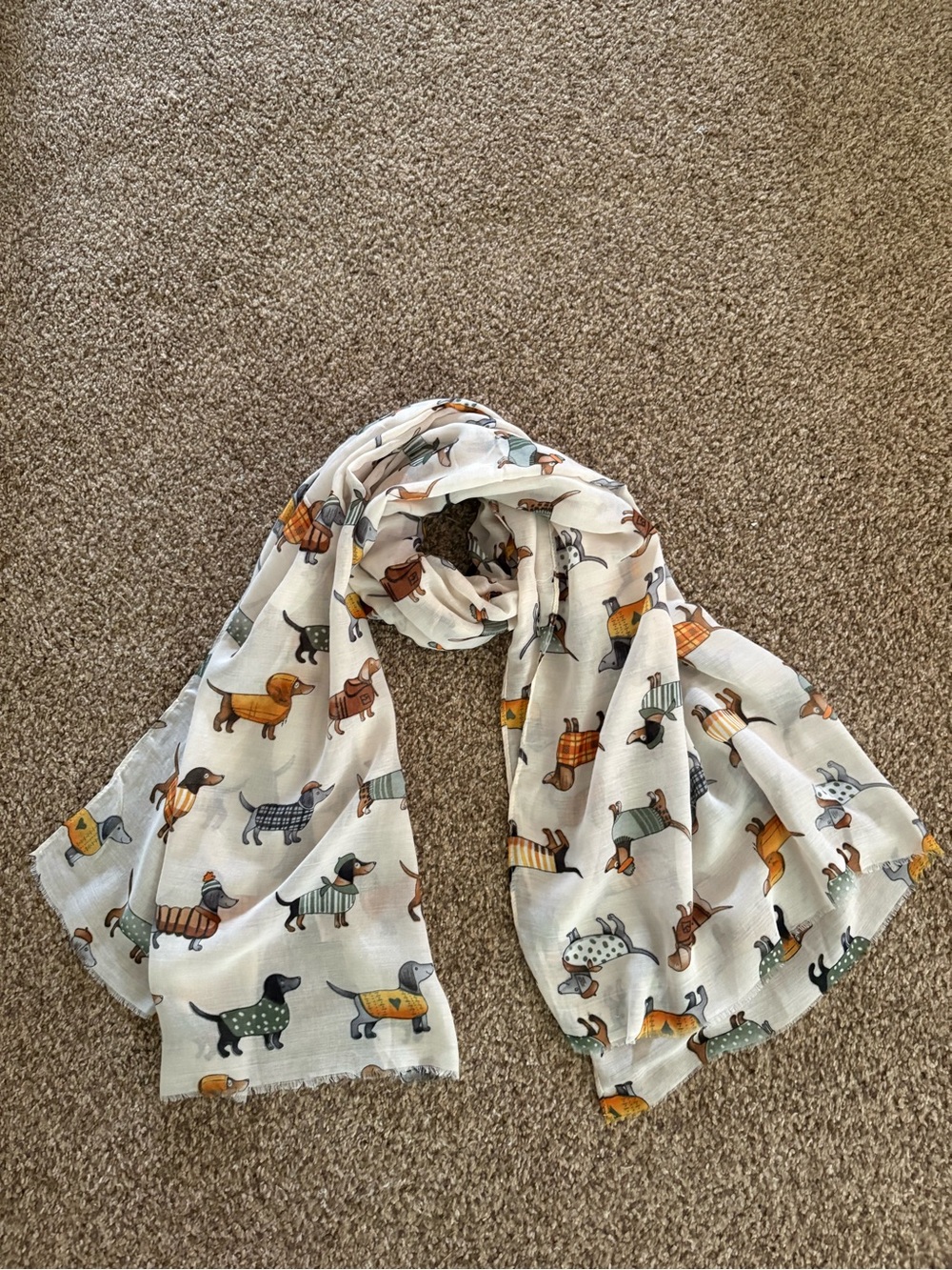 Dog Print Lightweight Scarf - White with Multicolor Dachshund Pattern